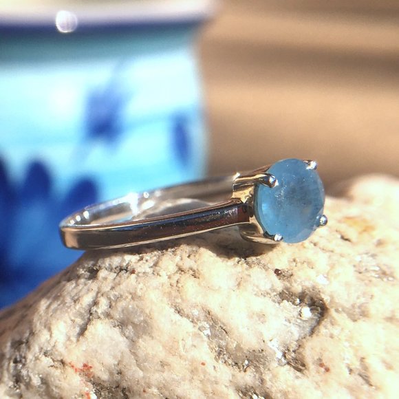 Natural Aquamarine Ring Round .925 Sterling Silver Genuine Untreated Gemstone - Picture 3 of 16